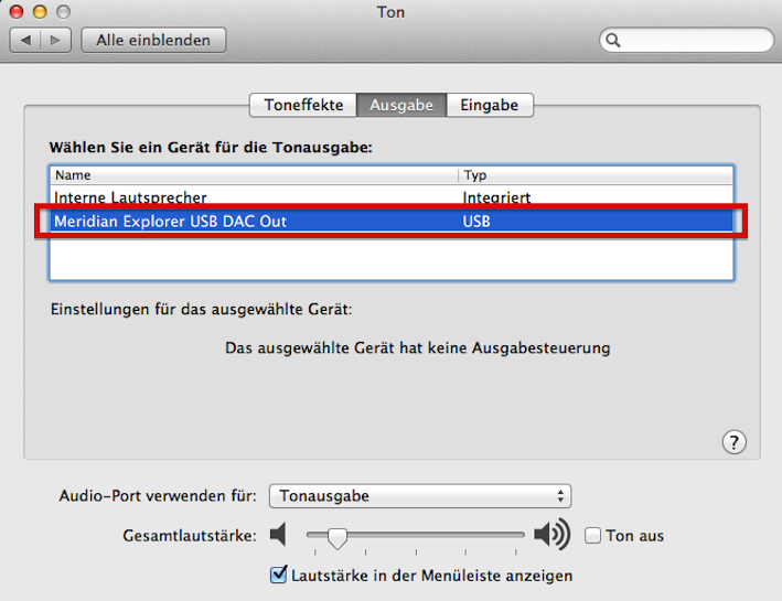 Beispiel MacBook: Sobald der Explorer via USB-Kabel mit dem MacBook verbunden ist, gibt er sich in der Liste der Tonausgabegeräte als "Meridian Explorer USB DAC Out" zu erkennen.