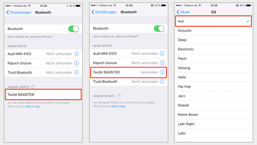 Der Verbindungsaufbau mit dem Tablet erweiset sich als kinderleicht und geht schnell von der Hand.  Um dem Bamster ideale Voraussetzungen zu bieten, haben wir den Equalizer im gepaarten iPhone natürlich ausgeschaltet.