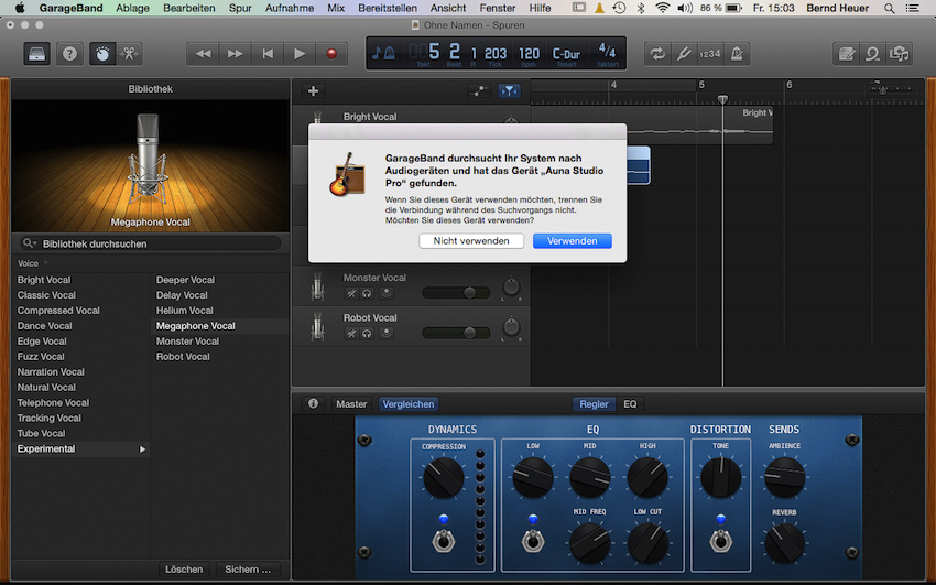 Einmal verbunden, fragt GarageBand ohne Aufforderung ob das entdeckte Mikrofon für die folgenden Aufnahmen genutzt werden soll.