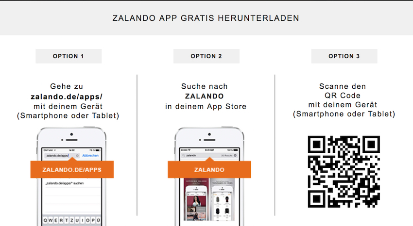 Es gibt drei Wege, um die Zalando-Shopping-App auf das eigene Smartphone/Tablet zu laden.