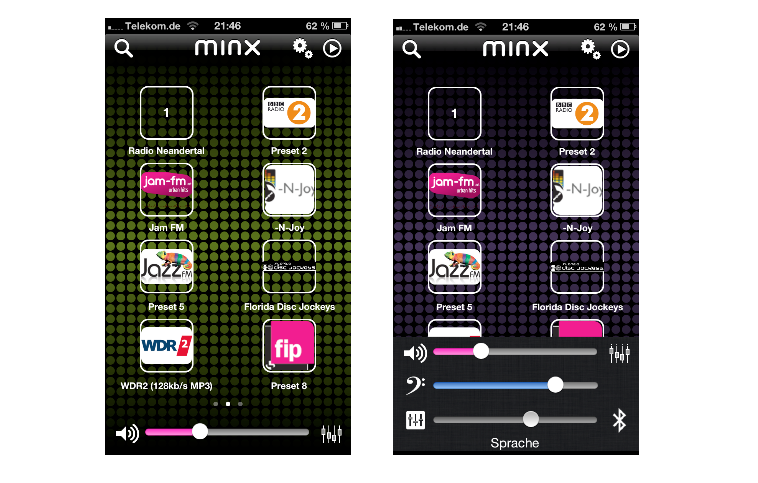 Bis zu zehn Sender können fest abgespeichert und mit einem Knopfdruck via Smartphone (oder auch Fernbedienung) abgerufen werden. Darüber hinaus bietet die kinderleicht zu handhabende App auch noch den Zugriff auf einen kleinen Equalizer, über den sich Klangcharakter, Bassintensität und Lautstärke regeln lassen.