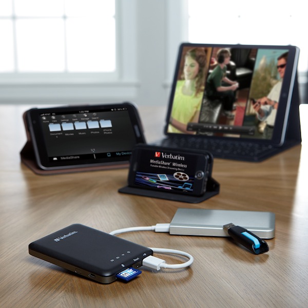 Verbatims MediaShare ermöglicht eine kabellose Verbindung mit bis zu fünf Geräten gleichzeitig, um mühelos Videos, Musik und Daten auszutauschen.