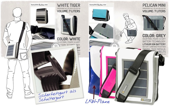 SunnyBAG Faction Mini • Farben: blau, weiss, pink • Abmessungen 27 x 33 x 8 cm (Hochformat) • Material: LKW Plane, Sicherheitsgurt des Autos (Muster des Innenfutters kann variieren) • Solartechnologie: flexible-monokristalline Solarzellen • Paneelleistung: 3400 mWp • Kompatiblität: iPod, iPad (im Stand-by-Modus), iPhone, Android-Smartphones, Navigationsgerät, Mobiltelefon, Digitalkamera etc. • 8 Adapter im Lieferumfang SunnyBAG Faction Mini Preis: 199,00 EURO (UVP, inkl. MwSt.)