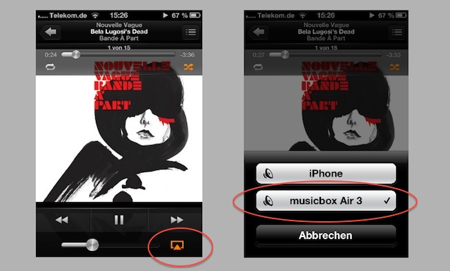 Ganz einfach: Ist die Canton AirPlay-Maschine im Netz, reichen zwei Schritte, um die auf dem Smartphone gespeicherten Songs über die Musikbox Air 3 wiederzugeben.