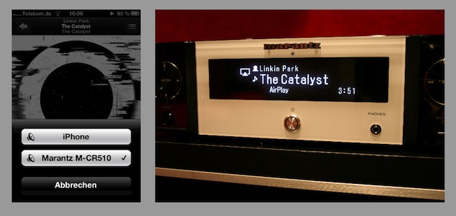 AirPlay via iPhone: Dazu wird einfach das kleine AirPlay-Symbol und anschließend "Melody Stream M-CR510" am Handy ausgewählt. Anschließend können sämtliche auf dem Smartphone befindliche Songs mit einem Fingertip angespielt werden.