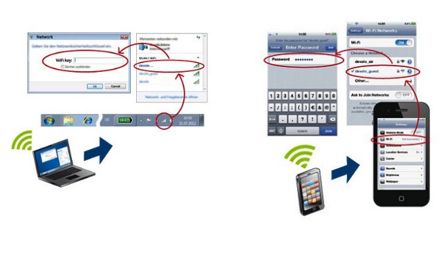 Kinderleicht: Nachdem die Verbindung zwischen dLAN 500 Duo und WiFi-Adapter aufgebaut ist, wird letzterer in der Auswahl der verfügbaren WiFi-Netzwerke als "devolo xx" angezeigt. Sobald der zuvor notierte Code eingegeben wurde, sind Smartphone, Tablet oder der Festrechner bereits kabellos im Internet.