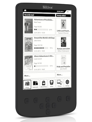 Der Pyrus 2 LED ist der erste beleuchtete eBook Reader aus dem Hause TrekStor, dessen Helligkeit sich über das Menü individuell an die gegebenen Lichtverhältnisse anpassen lässt.