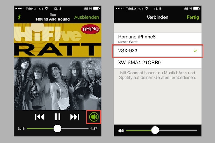 Der kleine, umringte Lautsprecher (rechts unten, Bild 1) gibt an, dass im Umfeld Spotify-Connect-fähige Geräte erkannt wurden. Nach Betätigen dieser Taste, zeigt die Spotify-App eine vollständige Liste dieser Endgeräte (hier VSX-923) an.