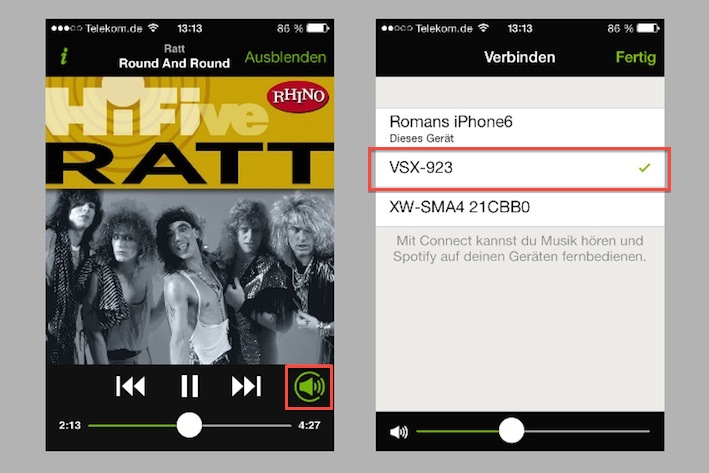 Der kleine, umringte Lautsprecher (rechts unten, Bild 1) gibt an, dass im Umfeld Spotify-Connect-fähige Geräte erkannt wurden. Nach Betätigen dieser Taste, zeigt die Spotify-App eine vollständige Liste dieser Endgeräte (hier VSX-923) an. 