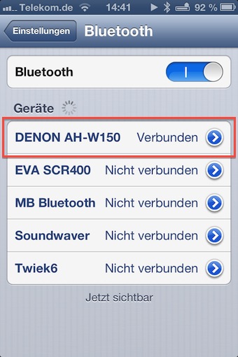 Sobald das kleine Lämpchen am AH-W150 blinkt, wird der Kopfhörer in der Liste sämtlicher verfügbarer Bluetooth-Endgeräte angezeigt.