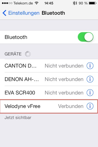 Nachdem die Pairing-Taste (Nr. 2) fünf Sekunden lang gedrückt wurde, zeigt der Bluetooth-Bügler Verbindungsbereitschaft und zeigt sich in der Übersicht der zu Verfügung stehenden Bluetooth-Geräte als "Velodyne vFree".