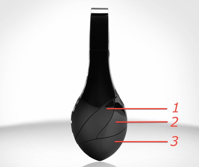 Sehr schick und zudem einfach gelöst erweist sich die Anordnung sämtlicher Bedienelemente. 1= Nächster Titel 2 = Power on/of bzw. Pairing 3 = Play/Pause und Gesprächsannahme bzw. -beendigung