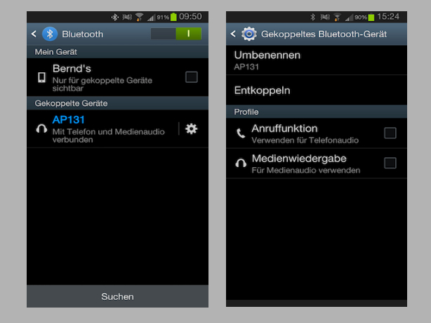 Clever: Ist der AP 131 mit einem Android-Device verbunden (hier ein Samsung Galaxy S3), lassen sich sämtliche Medien- und Telefonfunktionen individuell justieren.