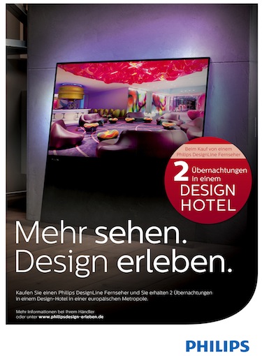 Das gab`s noch nie: Ab sofort erhalten Käufer eines Philips DesignLine Fernsehers zwei kostenlose Übernachtungen in einem Design-Hotel in einer europäischen Metropole. 