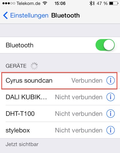 Sobald die Soundcan eingeschaltet und "Bluetooth" im Handy oder Tablet aktiviert ist, gibt sich die Soundcan als "Cyrus Soundcan" in der Liste der verfügbaren Bluetooth-Endgeräte zu erkennen.