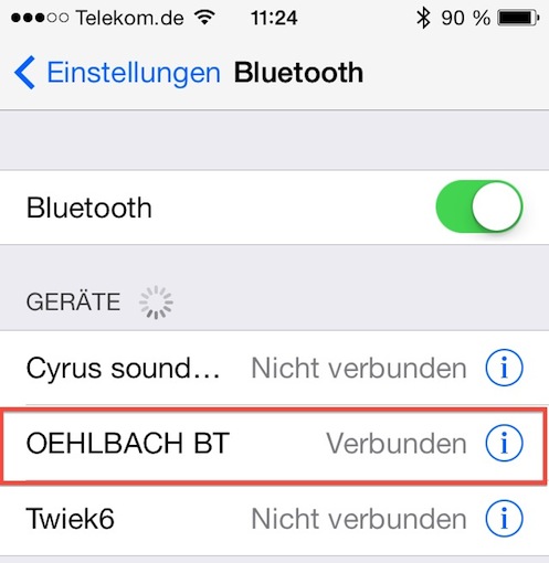 Nachdem die Pairing-Taste am BTX 1000 einige Sekunden lang durchgängig gedrückt wurde, zeigt sich der kleine Empfänger in der Übersicht der verfügbaren Bluetooth-Geräte.