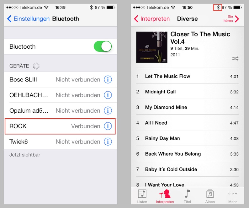 Kinderleicht: Nachdem "Rock" eingeschaltet ist und das Kreis-Symbol wenige Sekunden durchgängig gedrückt gehalten wurde, gibt sich der kompakte Hama-Speaker auch schon in der Liste der verfügbaren Bluetooth-Endgeräte zu erkennen.