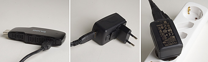 Ein USB-Kabel gehört ebenfalls zum Lieferumfang dazu. Das eine Ende wird in den WHDI-Dongle gesteckt (links), das andere Ende in den mitgelieferten Netzstecker (Mitte). Danach wird der Netzstecker in die Steckdose gesteckt – und fertig! Foto: Michael B. Rehders