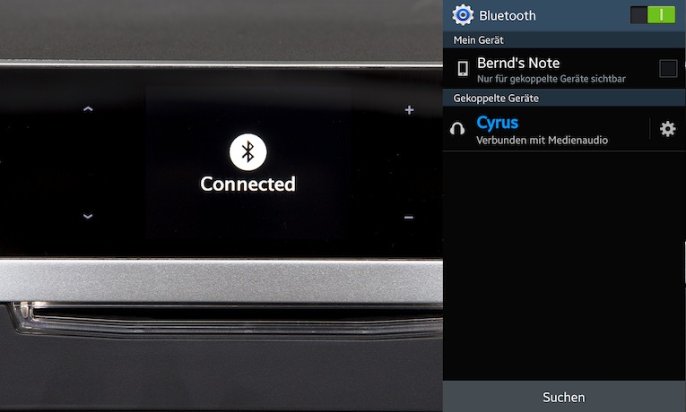Wow, der Bluetooth-Verbindungsaufbau könnte kaum leichter sein. Einfach Bluetooth im Smartphone/Tablet aktivieren und "Cyrus" aus der Liste der verfügbaren Bluetooth-Spielpartner auswählen. Schon sind beide Geräte miteinander verbunden und die Musikwiedergabe kann starten.