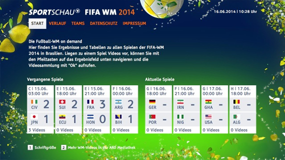 Videos, Spielstände und Turnierverlauf per Knopfdruck im TV: Das WM-Angebot der ARD Sportschau auch auf Smart TVs mit FOXXUM Portal.