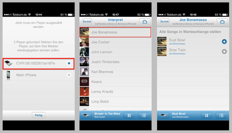 Die Twonky-Beam-App: Nachdem das Gerät ausgewählt ist, an das die auf dem Smartphone bzw. Tablet gespeicherten Songs gesandt werden sollen, geht es gleich in die Auswahl der zu transferierenden Songs, Alben oder Playlists.