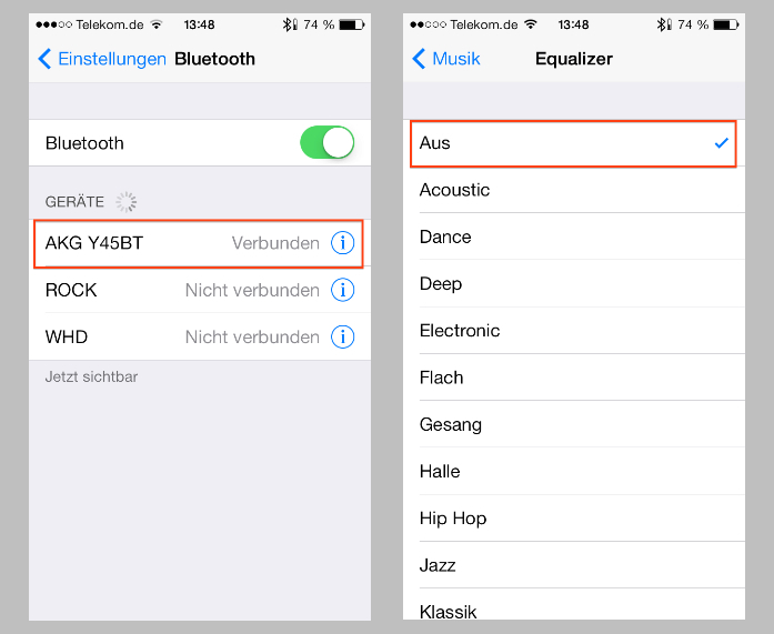 Ein kurzes Drücken des kleinen schwarzen Knöpfchens in der rechten Ohrmuschel genügt, um den Y45BT in der Liste der verfügbaren Bluetooth-Geräte (linkes Bild) auftauchen zu lassen. Für meinen Test, schaltete ich den internen Equalizer meines iPhones natürlich aus (rechtes Bild).