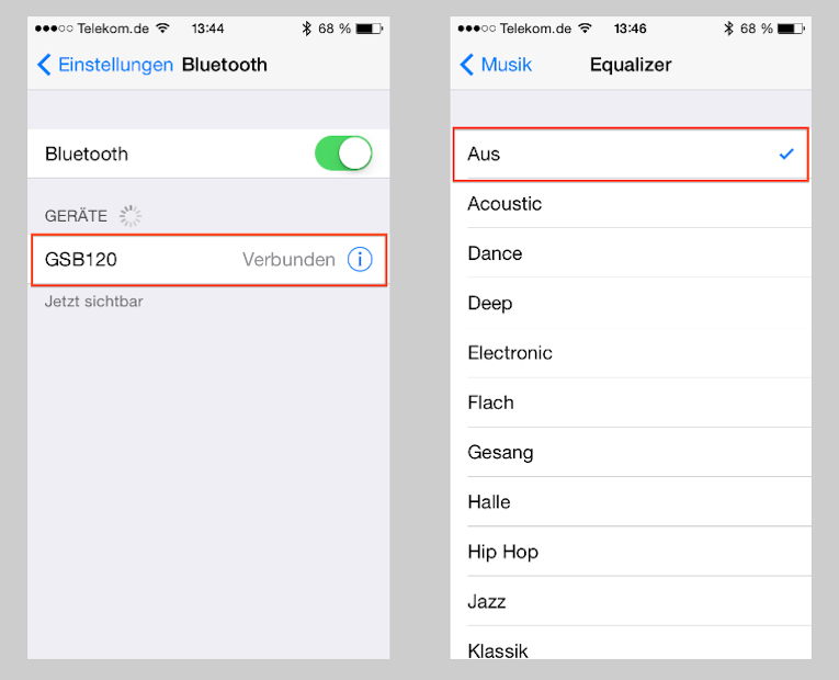 Ist die Funktion "Bluetooth"  im GSB 120 aktiviert, gibt sich die ultrakompakte Aktivbox gleich als "GSB 120" in der Liste der verfügbaren Bluetooth-Empfänger zu erkennen. Für unseren Test des Grundig-Schallwandlers habe ich den internen EQ meines iPhone 5 natürlich deaktiviert.