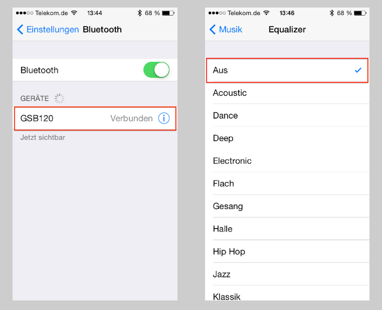 Ist die Funktion "Bluetooth" im GSB 120 aktiviert, gibt sich die ultrakompakte Aktivbox gleich als "GSB 120" in der Liste der verfügbaren Bluetooth-Empfänger zu erkennen. Für unseren Test des Grundig-Schallwandlers habe ich den internen EQ meines iPhone 5 natürlich deaktiviert.