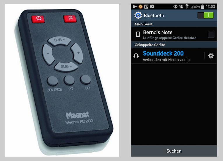 Bedienen lässt sich Magnets Sounddeck komfortabel über die zum Lieferumfang gehörige und sehr übersichtlich gehaltene Fernbedienung. Wird die Taste "BT" betätigt, gibt sich der Surroundkünstler mit der Bezeichnung "Sounddeck 200" in der Übersicht der verfügbaren Bluetooth-Empfänger zu erkennen.