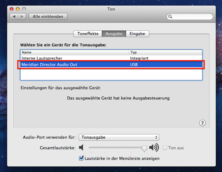 Ist der Meridian Director beispielsweise mit einem MacBook verbunden, muss nach der Konvertierung lediglich "Meridian Director Audio Out" als Tonausgabe gewählt werden.