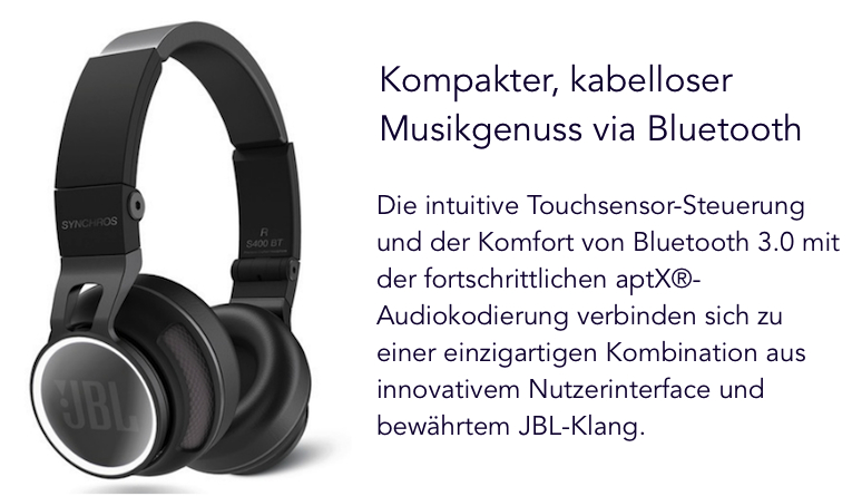 Schick, kompakt, praktisch, kabellos: Der JBL S400BT verspricht höchsten Komfort und besten Klang für unterwegs.