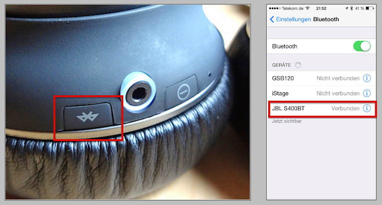 Nach einem kurzen Fingertipp auf die Bluetooth-Taste am S400BT gibt sich der Wireless-Kopfhörer in der Übersicht aller verfügbaren Bluetooth-Quellen als "JBL S400BT" zu erkennen.