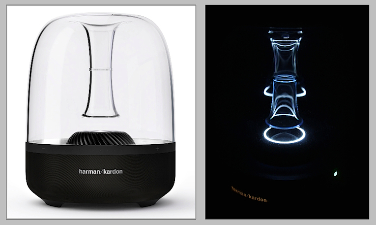 Ein pfiffiges Feature: In Abhängigkeit der Lautstärke nimmt die Leuchtkraft des Harman/Kardon Aura zu (rechts: Aufnahme im abgedunkelten Raum). 