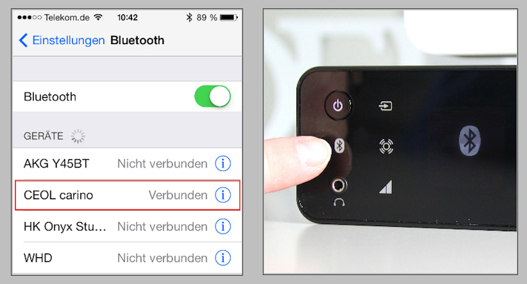 Ganz einfach: Nachdem das Bluetooth-Symbol am Denon für etwa drei Sekunden gedrückt wurde, gibt sich die kompakte Einheit in der Liste der verfügbaren Bluetooth-Geräte als "Ceol carino" zu erkennen.