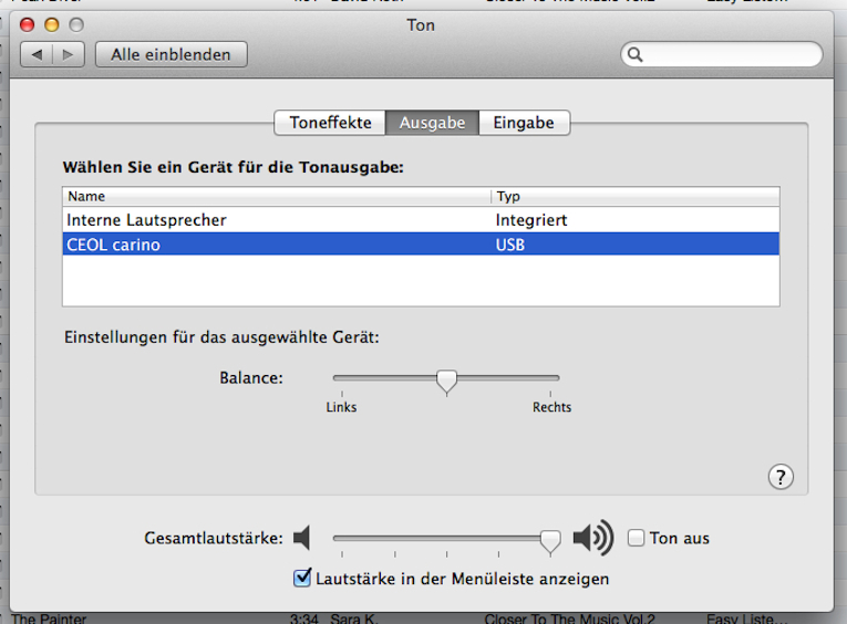 Ist der Denon via USB mit dem PC/Mac verbunden, muss im Menü des Rechners nur noch "Ceol carino" als Tonausgeber gewählt werden.