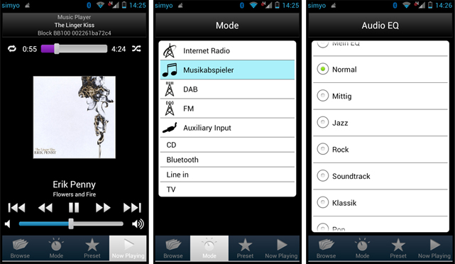 Mit der passenden Remote Control App haben Sie nicht nur den Überblick über die gerade abspielenden Titel (l.), sondern können auch die Quelle wählen (m.) oder die Equalizer-Settings anpassen (r.).