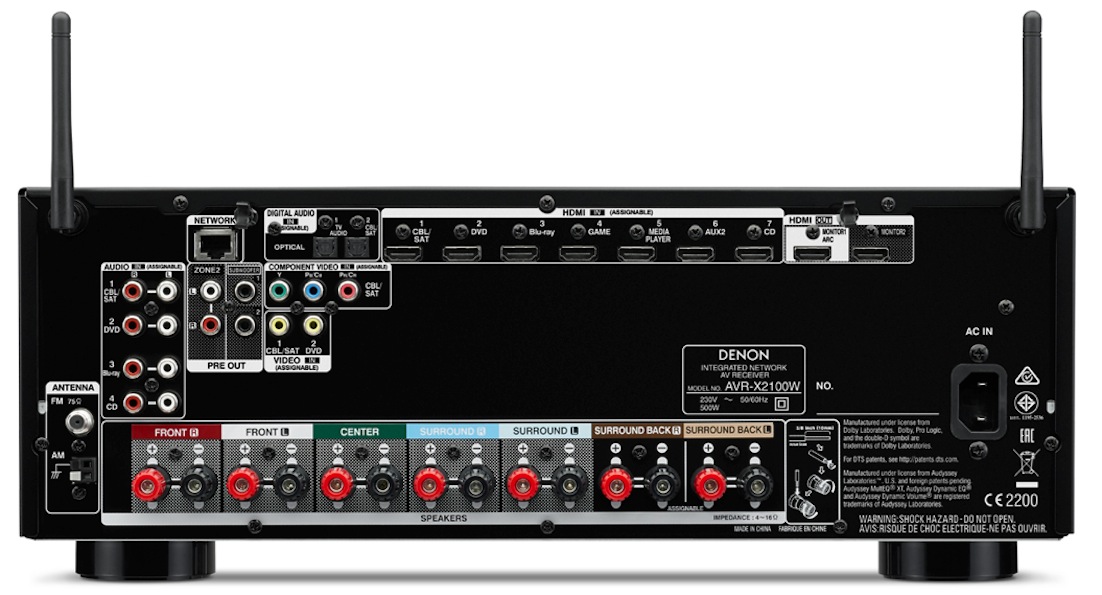 Die Rückseite des AVR-X2100W besticht durch ein stattliches, zugleich aber sehr übersichtliches Anschlussfeld mit gleich 7 HDMI-Eingängen.