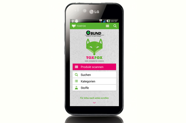 Die vom BUND herausgebrachte "Tox-Fox-App" zur Überprüfung von Kosmetika auf hormonell wirksame Chemikalien ist nun auch für Android-Geräte verfügbar.