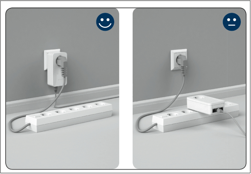 Wenn möglich, vermeiden Sie zudem, dass Powerline-Adapter an Mehrfachsteckdosen betrieben werden. Andersrum lassen sich Netzleisten aber natürlich in den Steckplatz des Devolo-Adapters stecken.