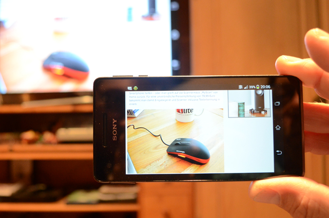 Neben Fotos und Videos lassen sich auch im Internet-Browser geöffnete Websites auf den Fernseher übertragen - hier der Test der Hama Scannermouse "MyScan".