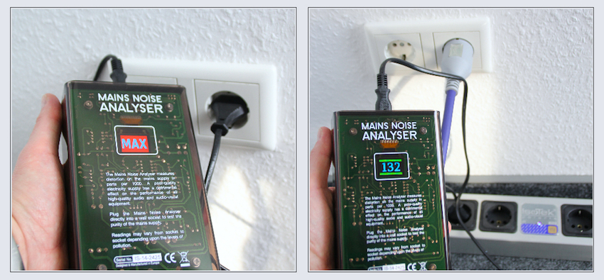 Mit dem Mains Noise Analyser von Blue Horizon gemessen, zeigt der Steckplatz hinter dem HiFi-Rack maximale Verschmutzung an (schwankend, je nach Uhrzeit). Mit der EVO3 Polaris dazwischen, wird ein Grossteil der 