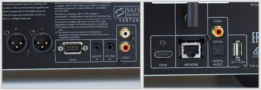 Anschlussfreudig: Neben den obligatorischen analogen und digitalen Ausgängen nimmt der Arcam auch Signalen USB (rechts) entgegen. Für einen Blu-ray-Player dieser Preisklasse aussergewöhnlich sind die symmetrische Ausgänge (links). Anspruchsvolle Audiophile wird`s freuen ... 