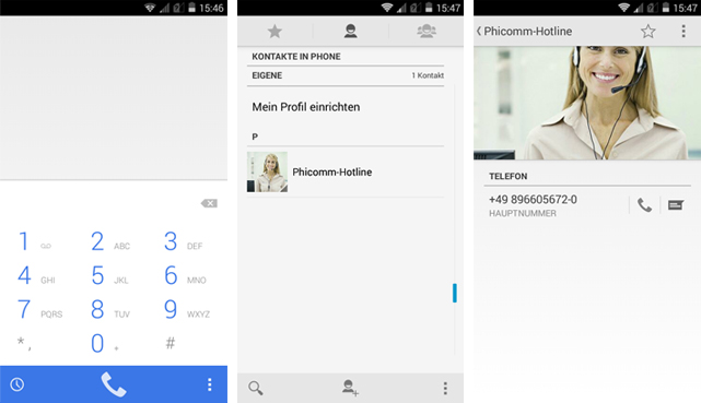 Telefonmenü, Kontaktliste und die Kontaktdetails sind hübsch übersichtlich gehalten.