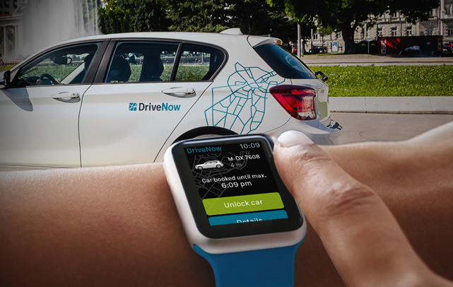 Die für die Apple Watch optimierte Version der App zeigt den DriveNow-Kunden auf einen Blick das nächstgelegene Fahrzeug an. (Foto: DriveNow)