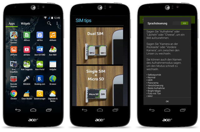Das Liquid Jade Z plus ist ab Werk mit einer Menge Apps ausgestattet (links). Darunter sind allerdings auch hilfreiche Tutorials zum Einlegen der SIM-Karte (Mitte) oder zur Nutzung der Sprachsteuerung der Kamera (rechts).