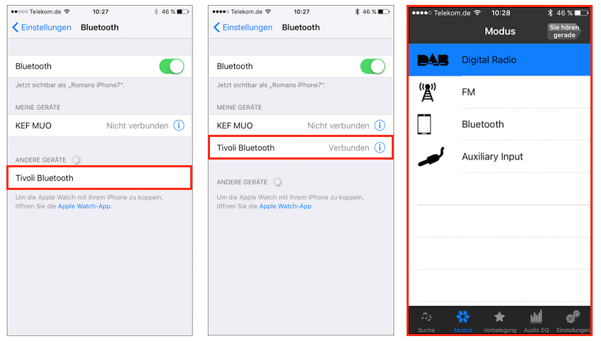 Sobald die Bluetooth-Taste am Music System Three+ kurz gedrückt wurde, gibt sich das Gerät als 