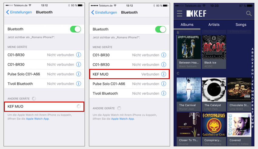 Der Verbindungsaufbau zeigt sich als kinderleicht. Alternativ bietet KEF aber auch eine eigene App. Diese ist schön und übersichtlich gestaltet (rechts) und bietet Zugriff auf die im Smartphone gespeicherten Musikalben.