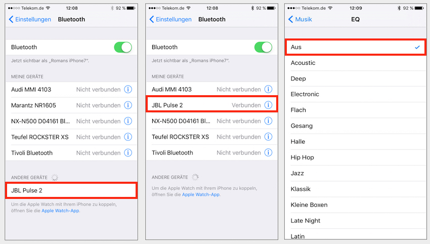Gewohnt einfach ist die Kopplung mit dem Smartphone. Einfach bei beiden Geräten die Bluetooth-Funktion einschalten, die Geräte finden sich automatisch und müssen nur noch von Ihnen gekoppelt werden. Kleiner Tipp: immer den Equalizer an Smartphone ausschalten!