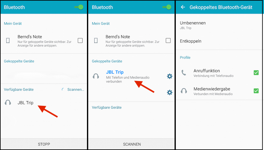 Ist der JBL eingeschaltet, gibt er sich sogleich in der Liste verfügbarer Bluetooth-Emfänger zu erkennen. Ein Knopfdruck auf 