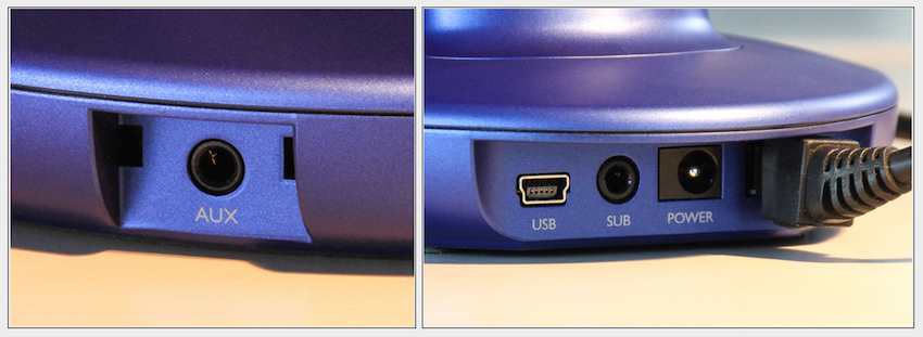 Die Master-Box ist sowohl mit einem kombinierten Aus-Eingang (analog+digital), wie auch mit einem Mini-USB-Port und einem Subdoofer-Ausgang ausgestattet.
